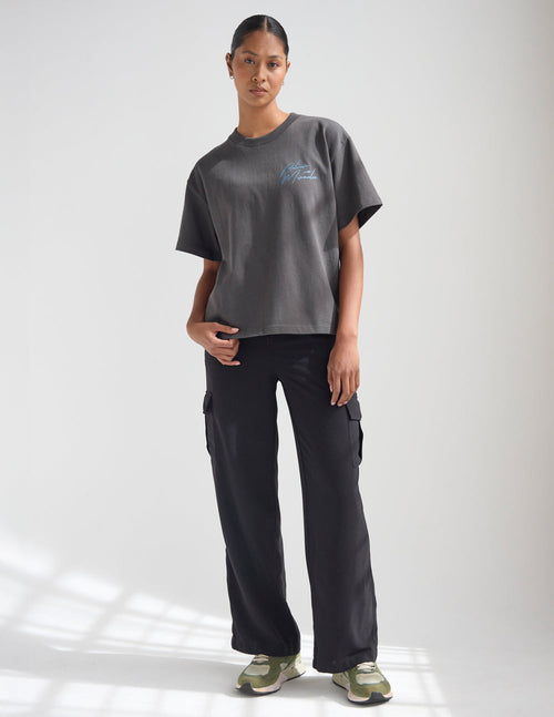 Dark gray crew-neck T-shirt with small front script logo