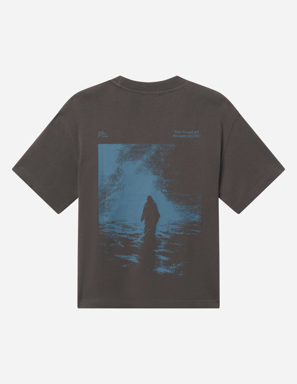 Dark heavyweight T-shirt with blue miracle graphic on chest