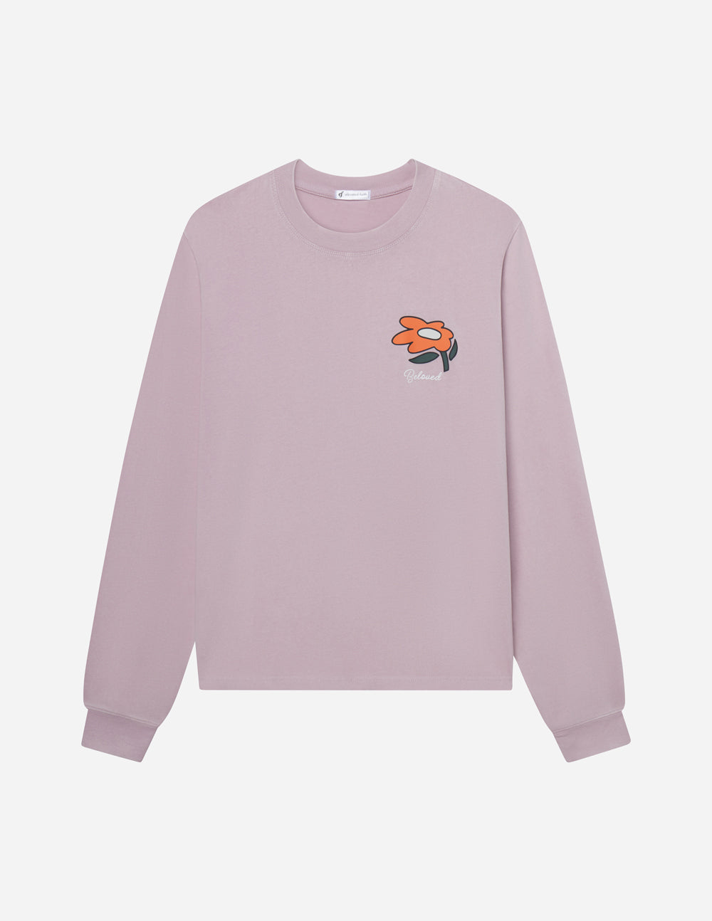 Light purple long-sleeve unisex tee, front view with orange flower logo