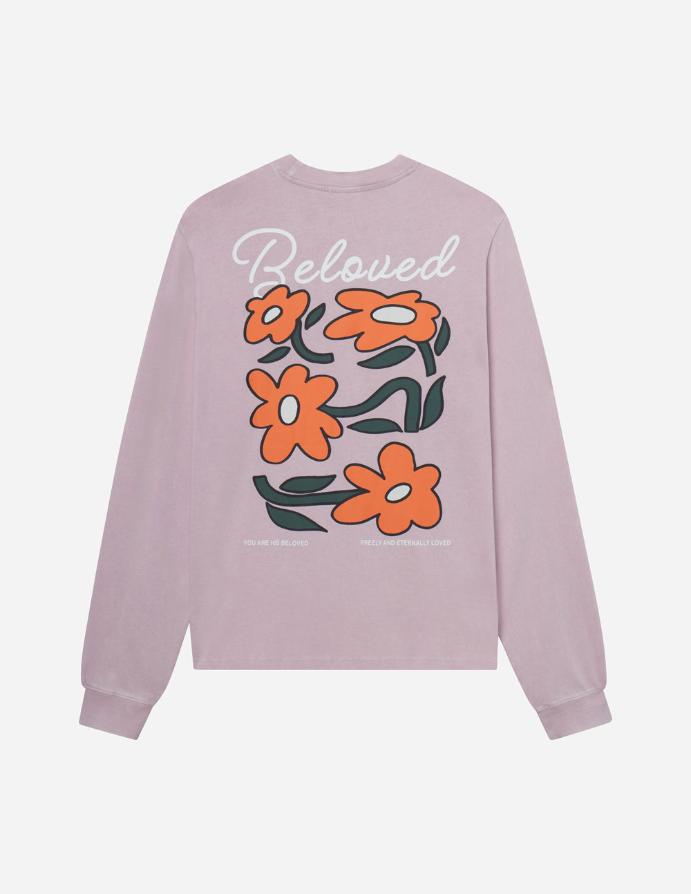 Light purple long-sleeve unisex tee, back view with 'Beloved' and orange flowers