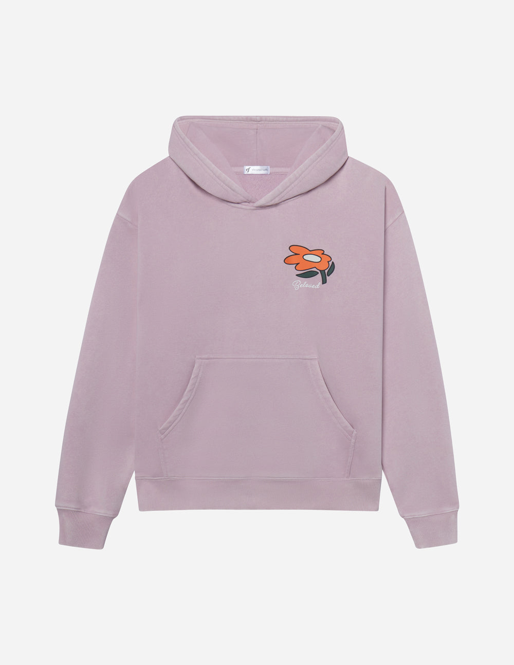 Lilac unisex pullover hoodie with front pocket and small floral logo