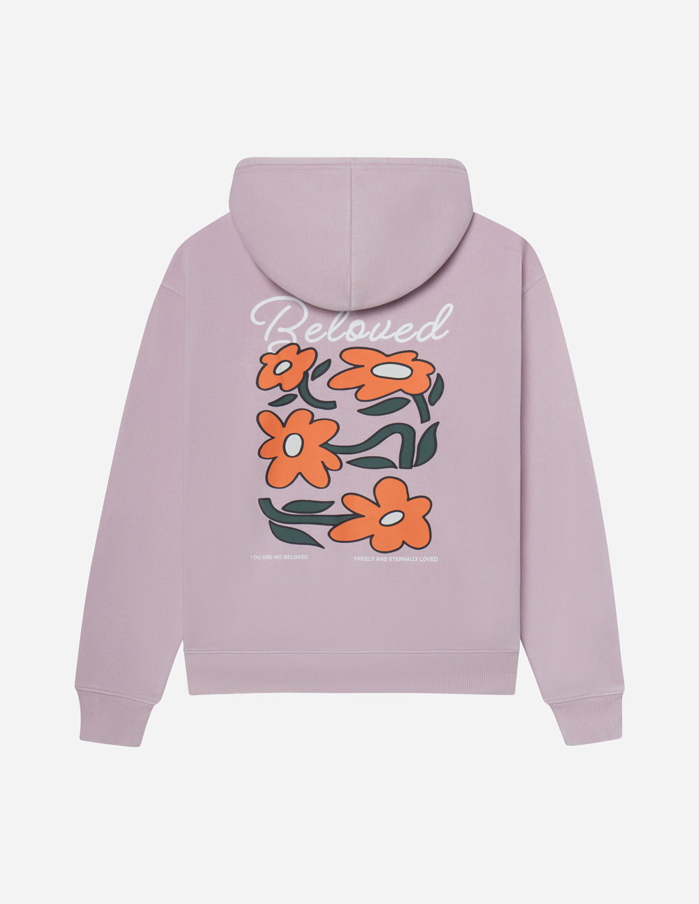Lilac unisex hoodie with back floral graphic and 'Beloved' lettering