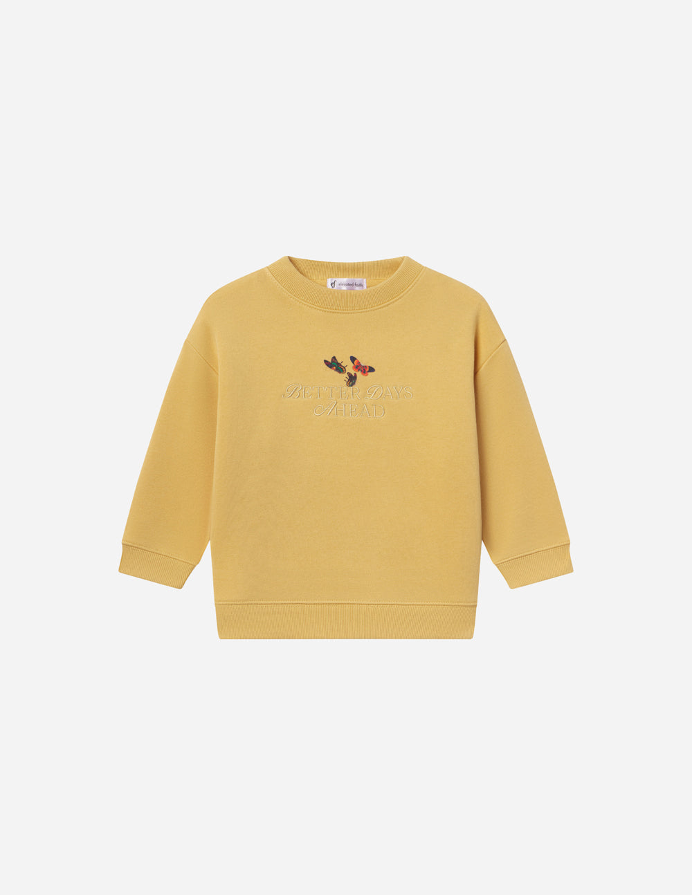 Kids yellow crewneck sweatshirt with butterfly graphic on chest
