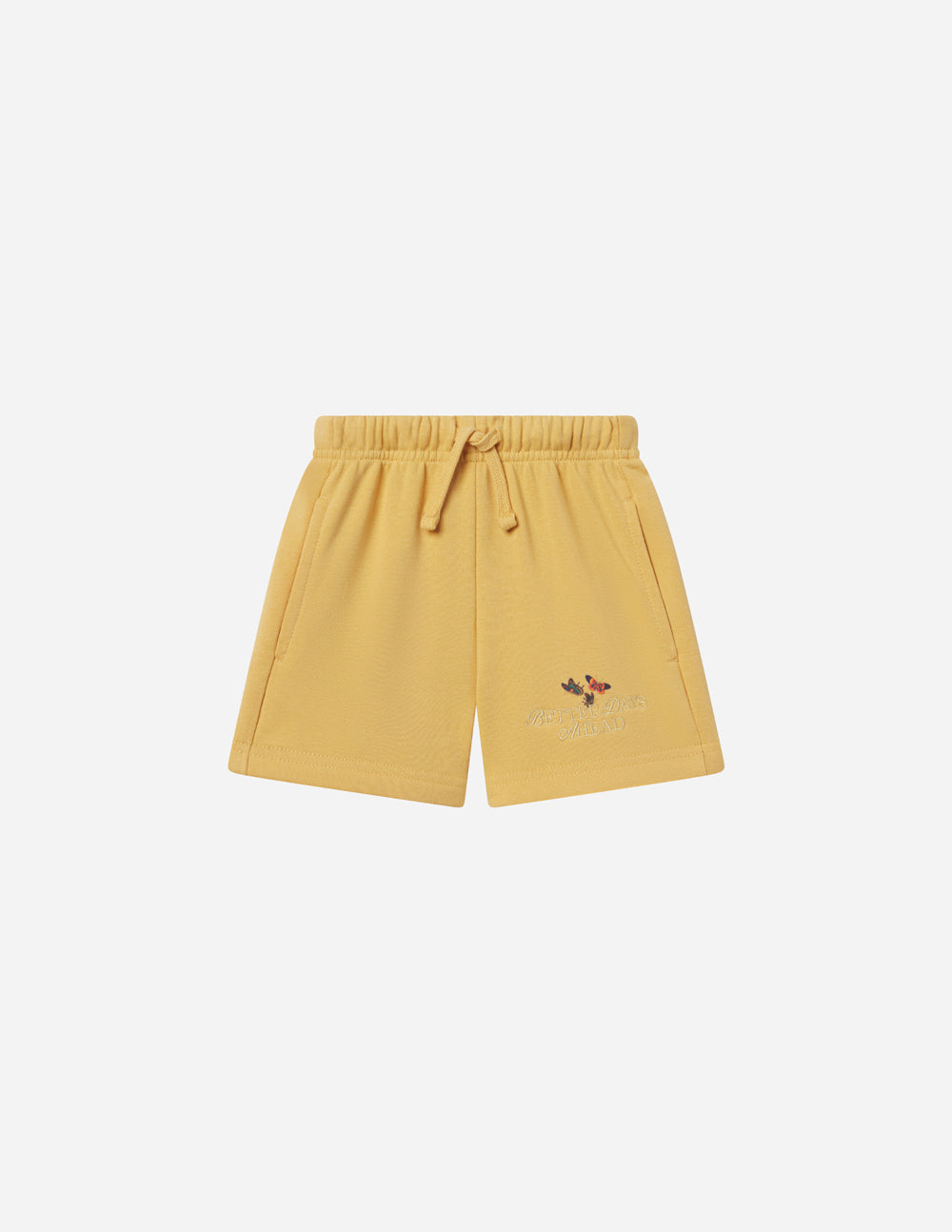 Kids yellow pull-on shorts with elastic waist and small butterfly graphic