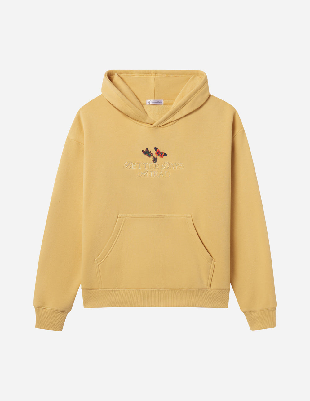 Unisex tan pullover hoodie with butterfly graphic and front pocket