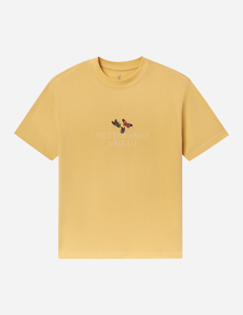 Yellow unisex T-shirt front view with butterfly graphic and faint text