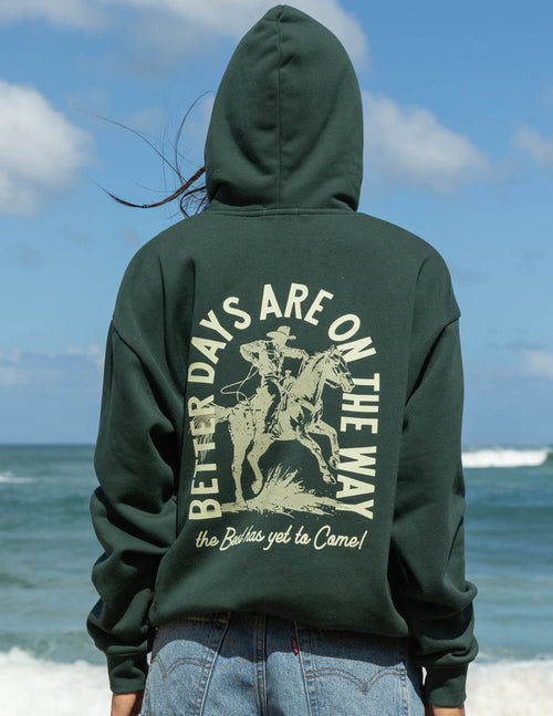 Dark green unisex hoodie with large back graphic and front kangaroo pocket