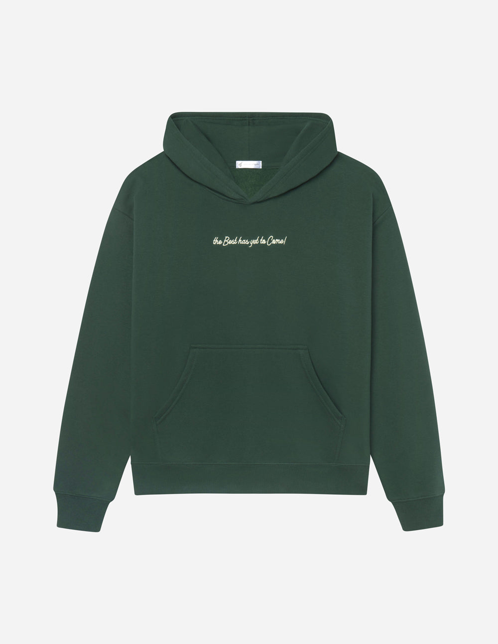 Dark green unisex hoodie with front pouch pocket and small chest logo