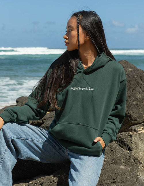 Dark green unisex hoodie with hood and small chest logo; kangaroo pocket