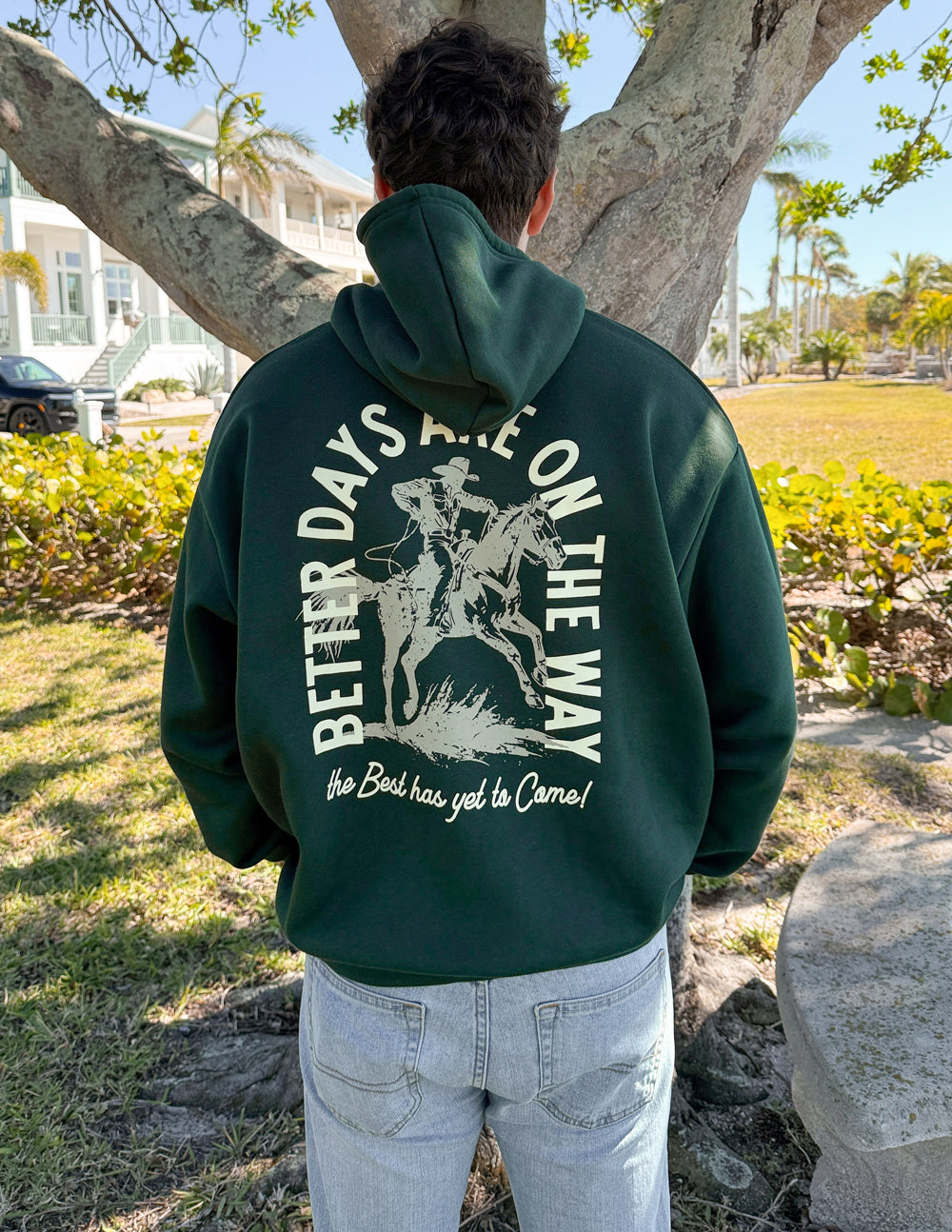 Dark green unisex hoodie with large back 'Better Days' graphic and hood