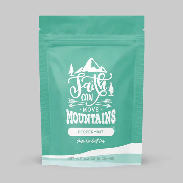 Christian gift set peppermint tea pouch, teal with Faith can move mountains logo