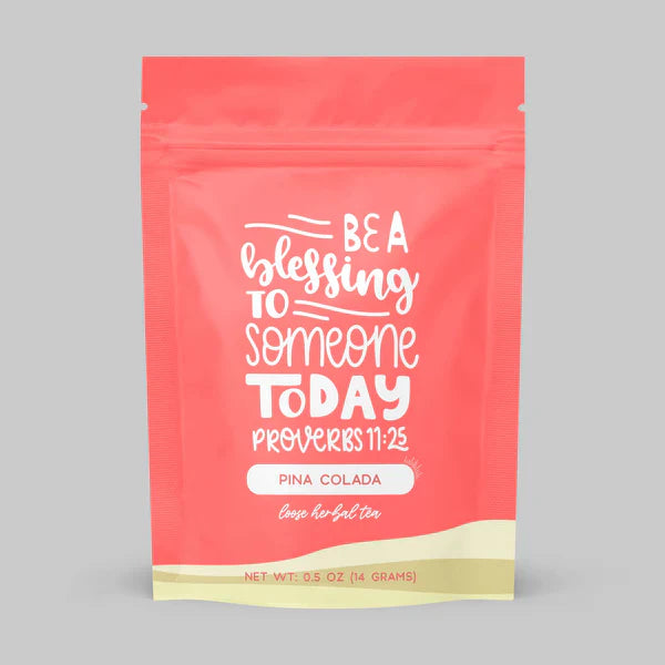 Red blessing pouch with 'Be a blessing to someone today' and pina colada label