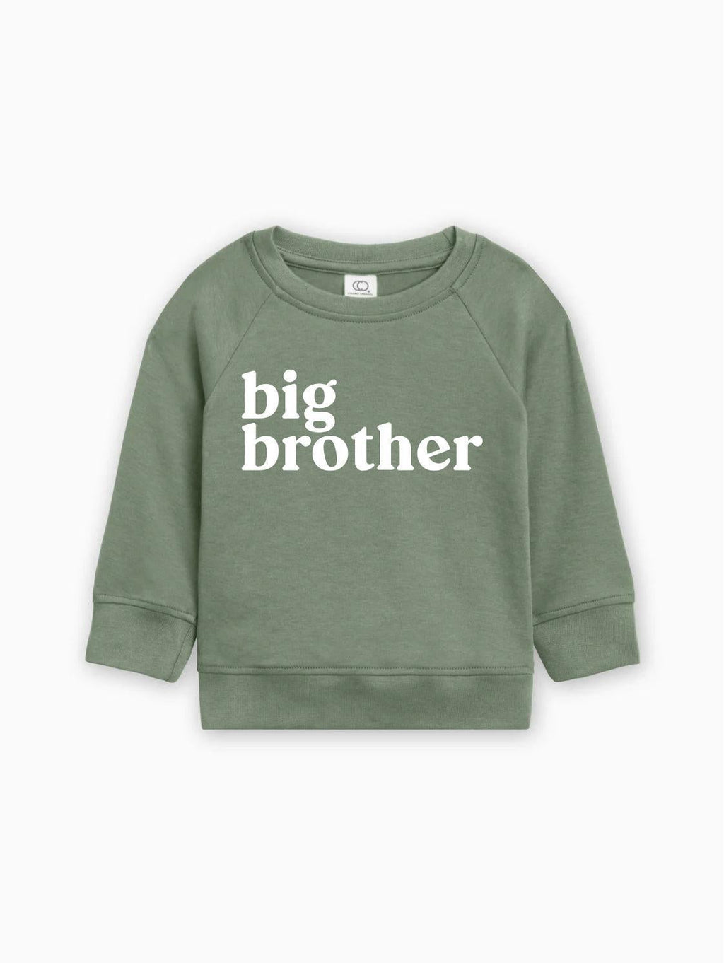 Green organic cotton pullover with 'big brother' serif graphic