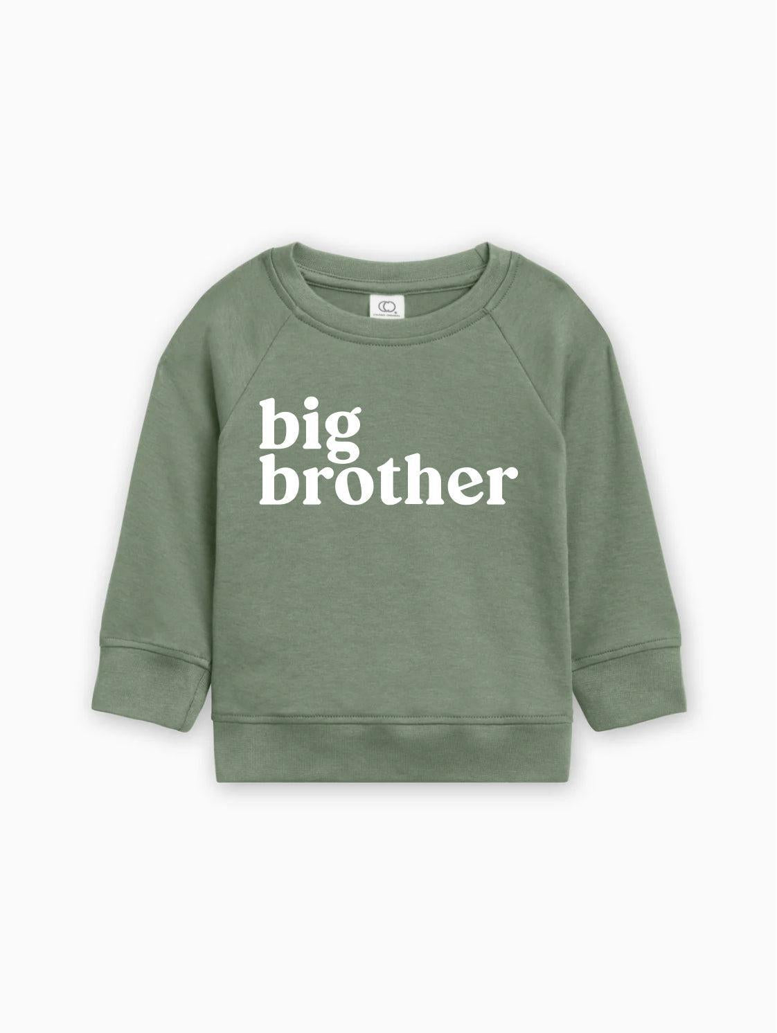 Green organic cotton pullover with 'big brother' serif graphic