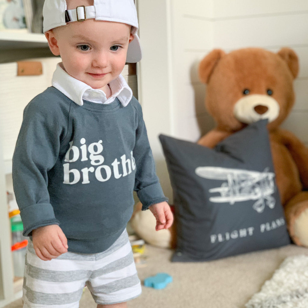 Children’s organic cotton pullover, dark gray-teal, long sleeves with “big brother” logo