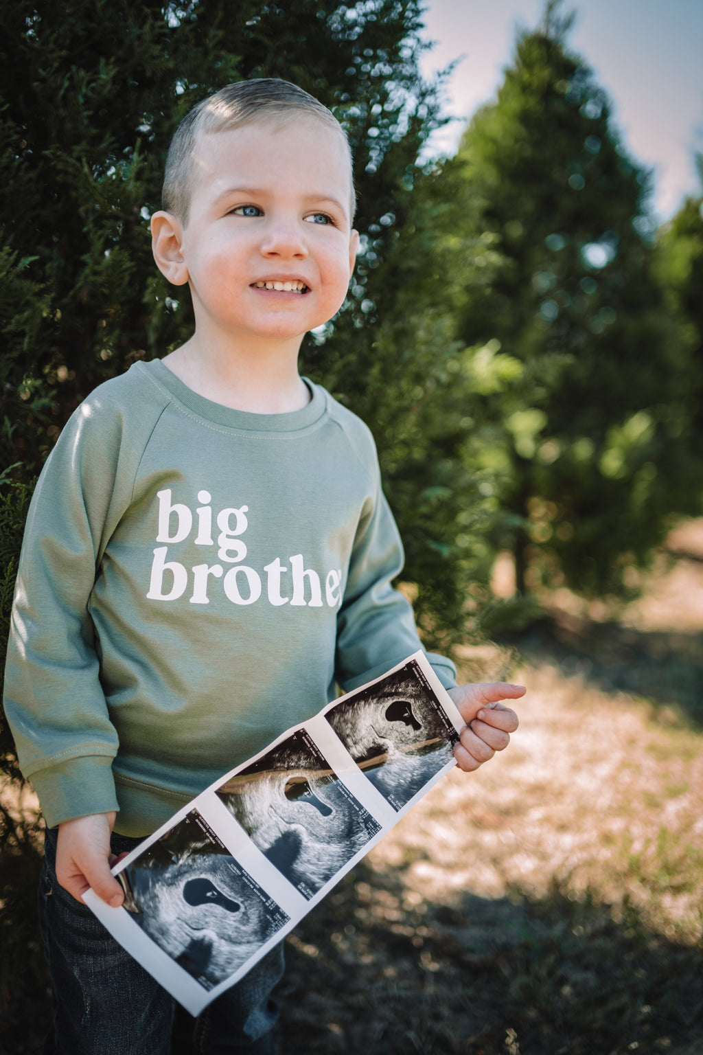 Children’s organic cotton pullover, sage green, long sleeves with “big brother” logo print