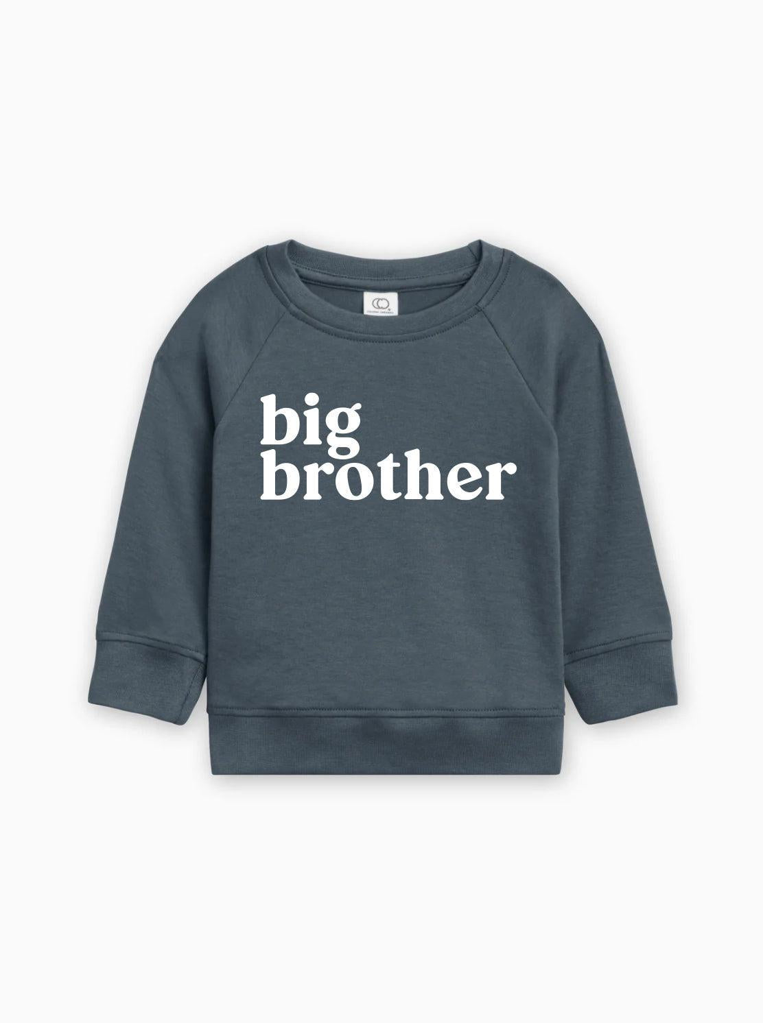 Organic cotton pullover, dark charcoal, long raglan sleeves with “big brother” logo print