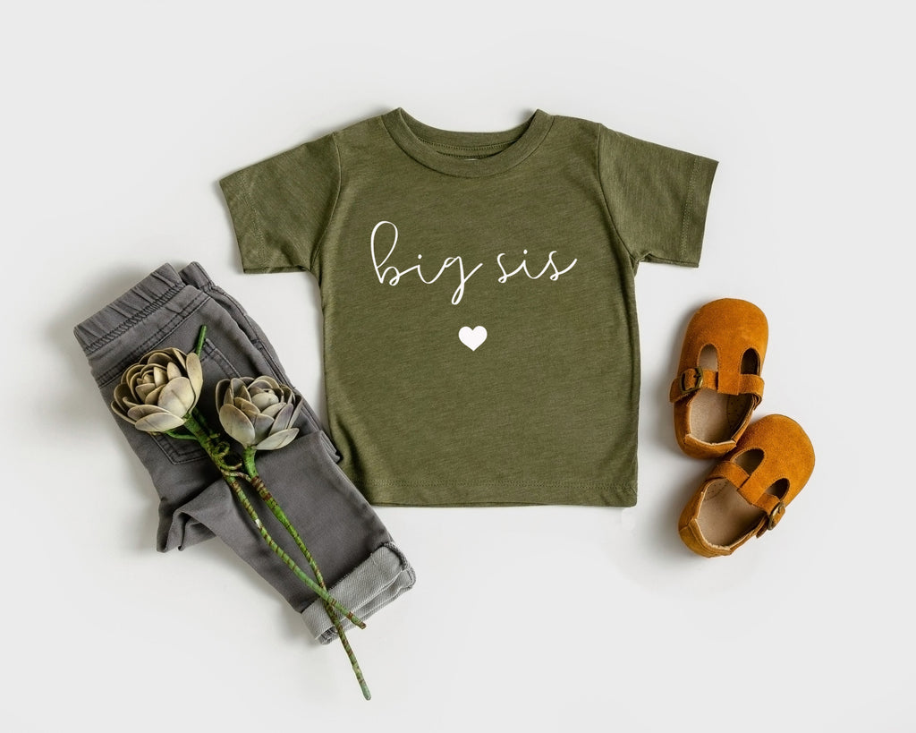 Baby and toddler big sis T-shirt, olive green with cursive text and heart