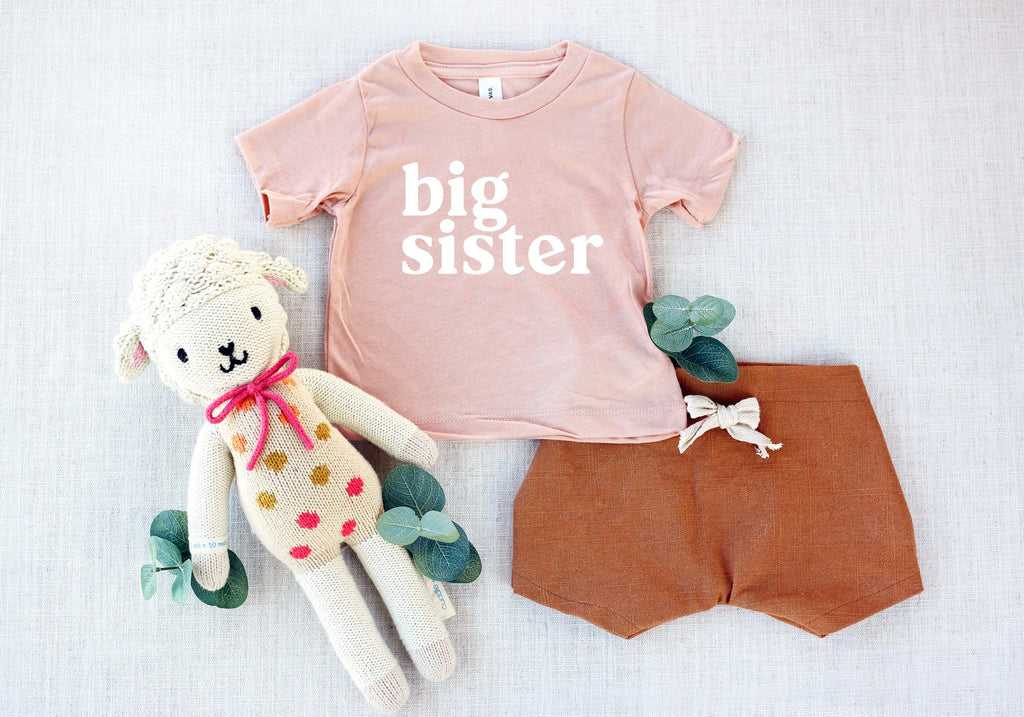 Blush toddler T-shirt with 'big sister' serif print