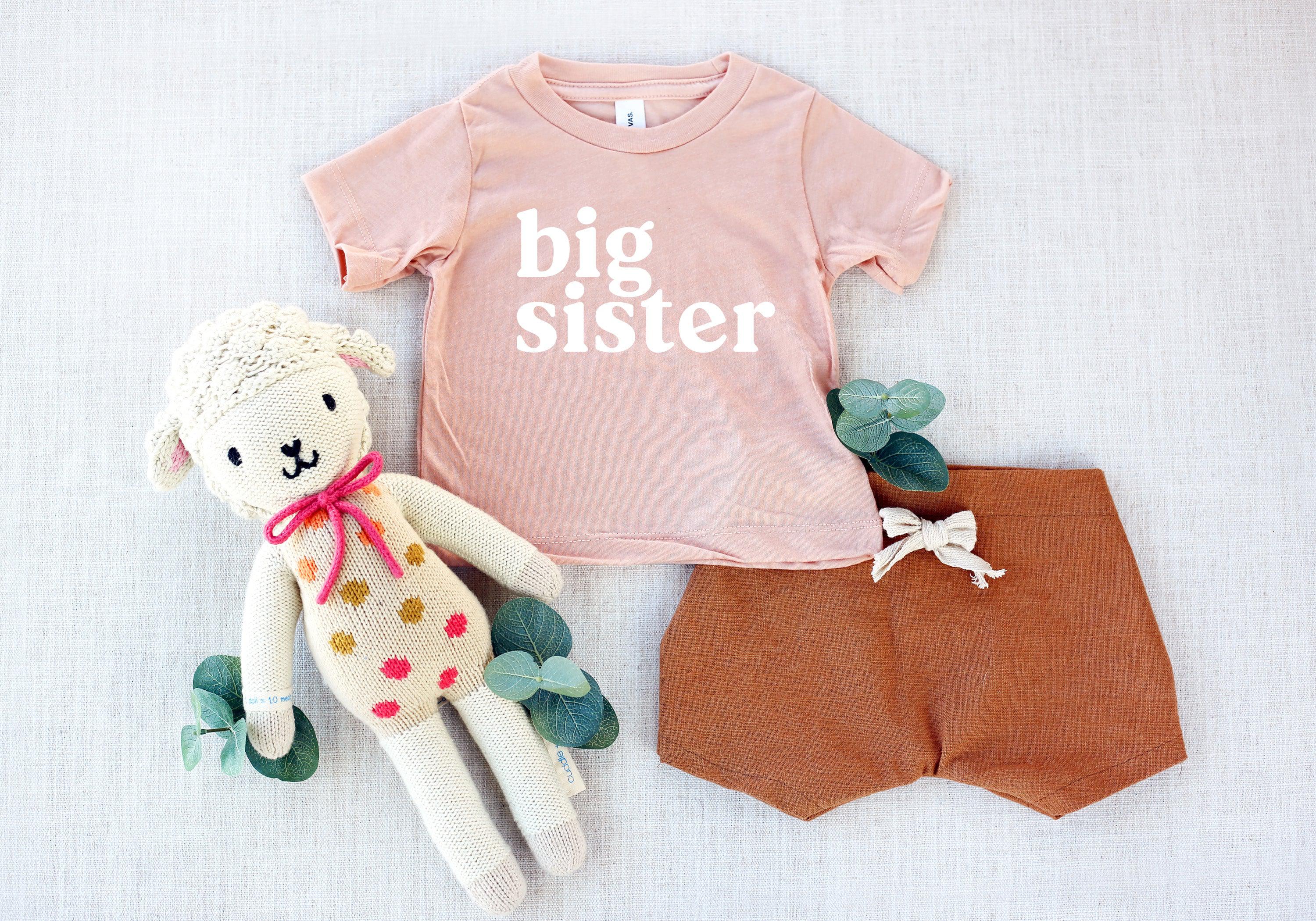 Blush toddler T-shirt with 'big sister' serif print