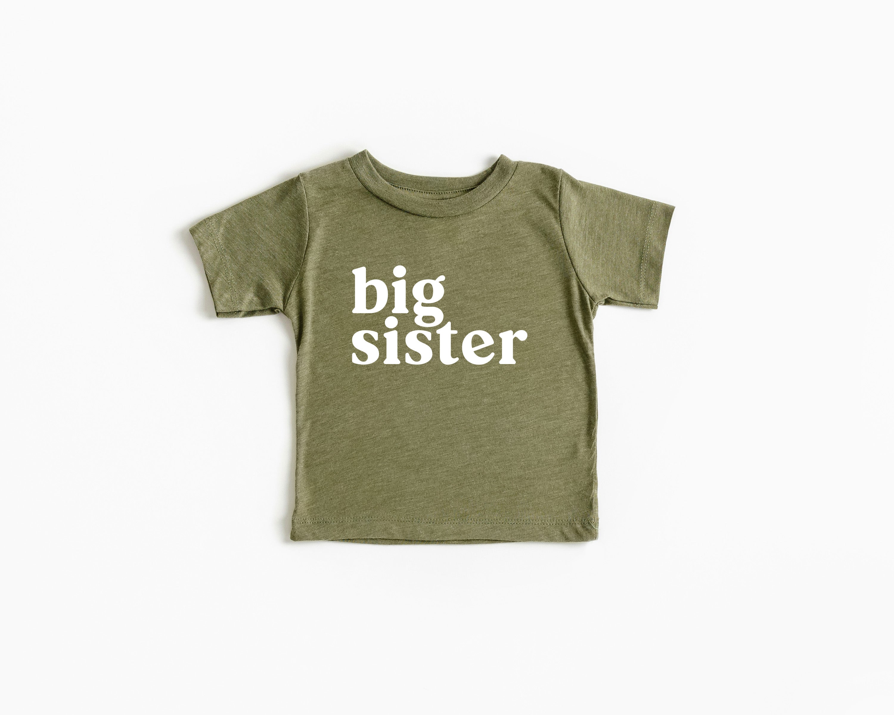 Olive baby T-shirt with 'big sister' serif print