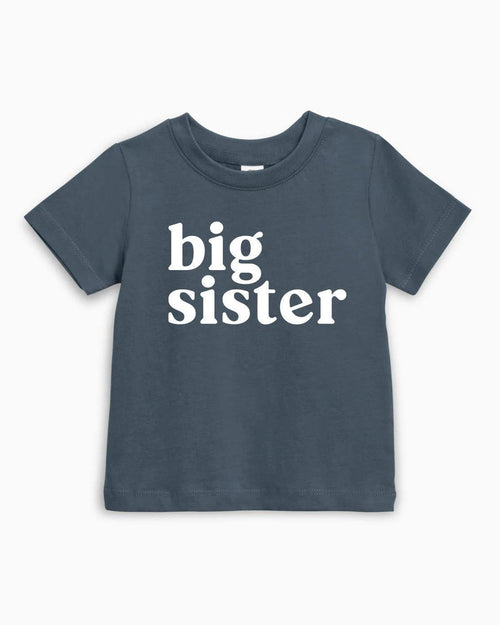 Kids organic cotton T-shirt, dark blue "big sister" print, crew neck, short sleeves
