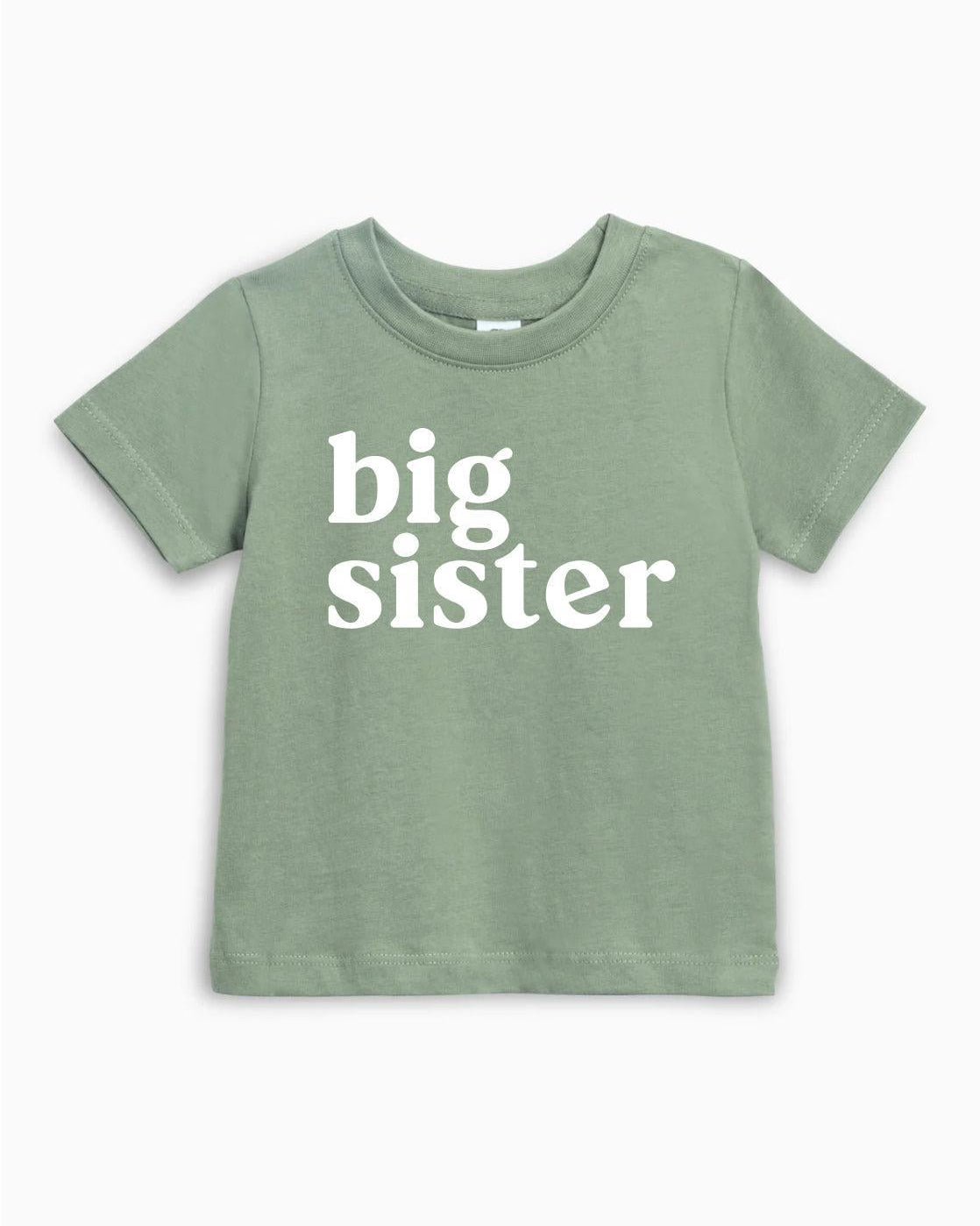 Kids organic cotton T-shirt, green "big sister" print, crew neck, short sleeves