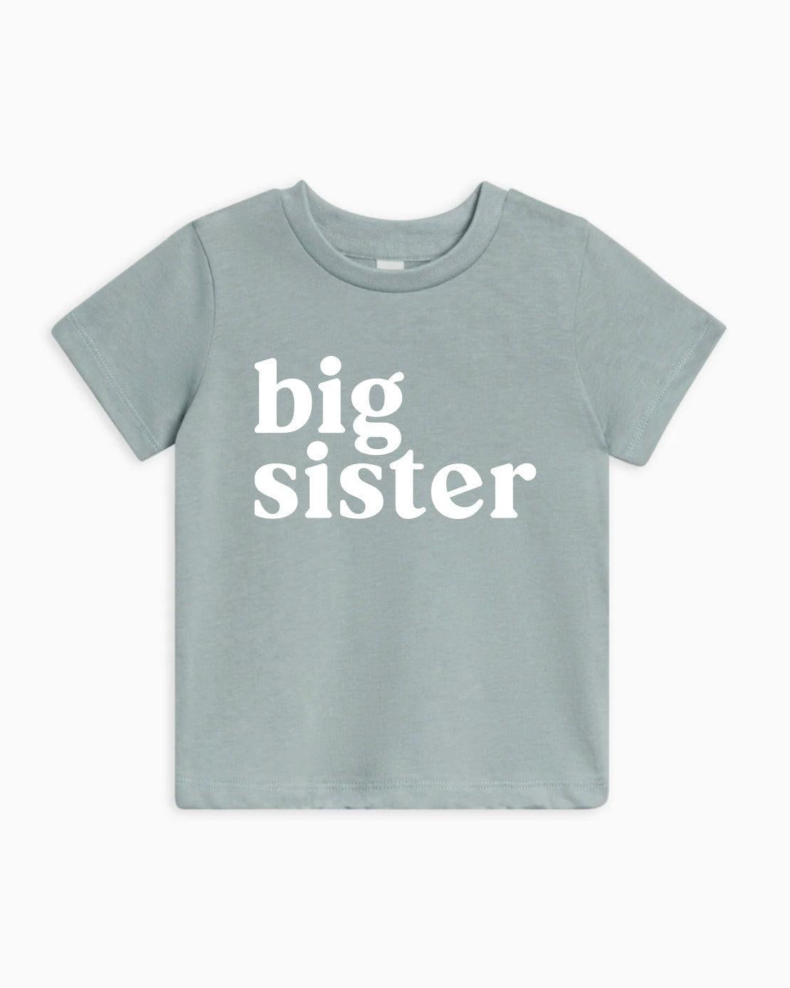 Kids organic cotton T-shirt, blue-gray "big sister" print, crew neck, short sleeves