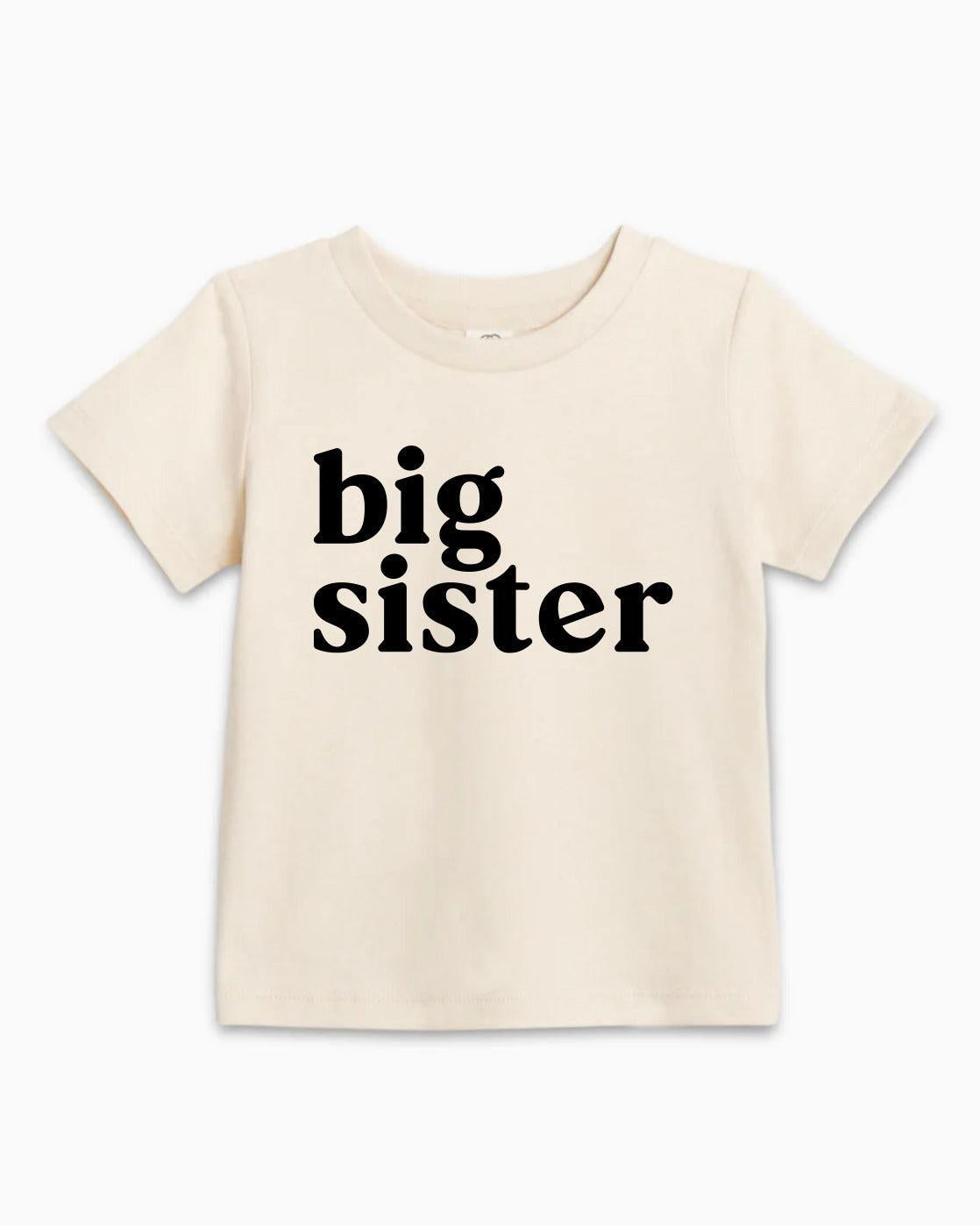 Kids organic cotton T-shirt, natural cream "big sister" print, crew neck, short sleeves