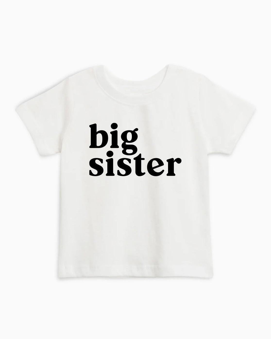 Kids organic cotton T-shirt, white "big sister" print, crew neck, short sleeves