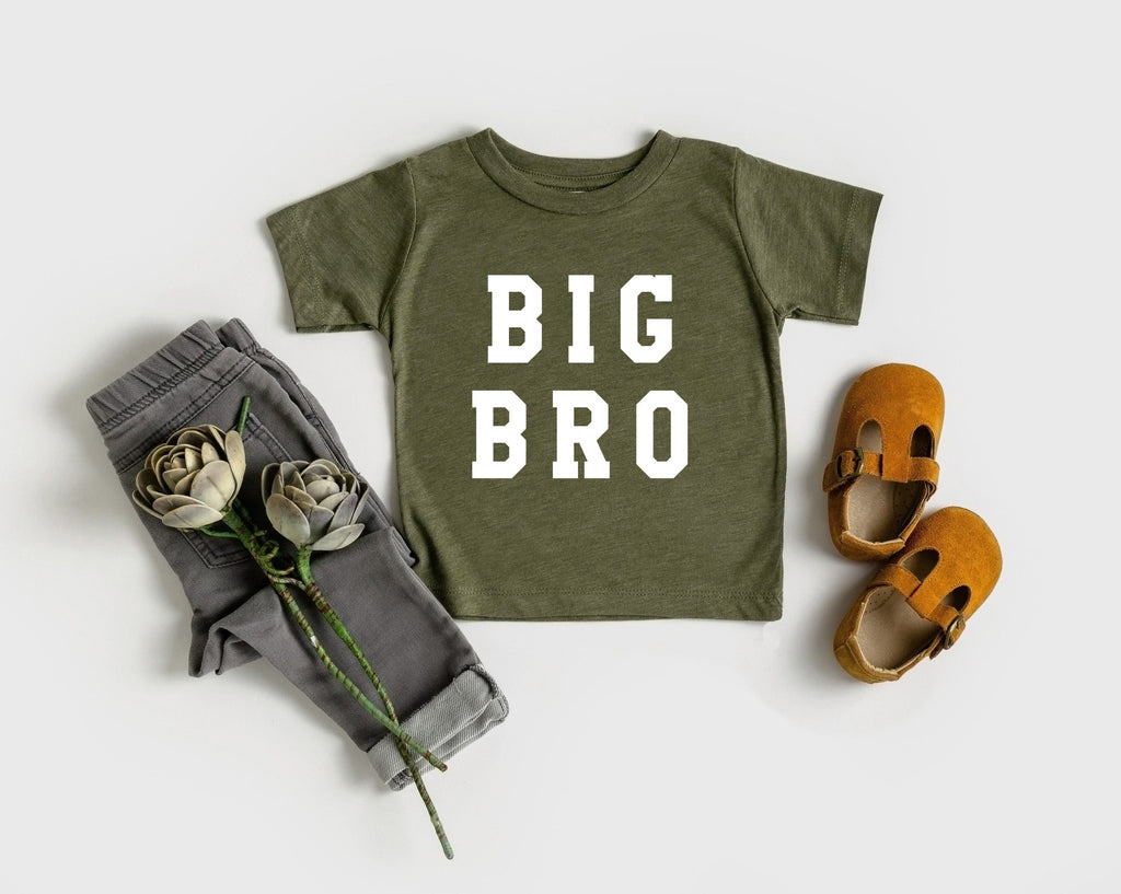 Olive green baby and toddler t-shirt with white 'BIG BRO' block lettering