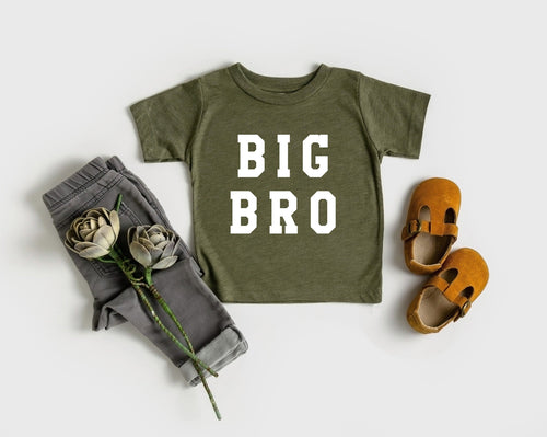 Olive green baby and toddler t-shirt with white 'BIG BRO' block lettering