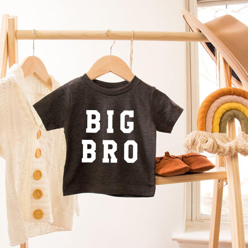 Dark heather baby and toddler t-shirt with bold white 'BIG BRO' block text