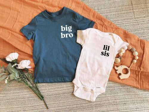 Sibling baby and toddler shirts: blue 'big bro' tee and white 'lil sis' bodysuit