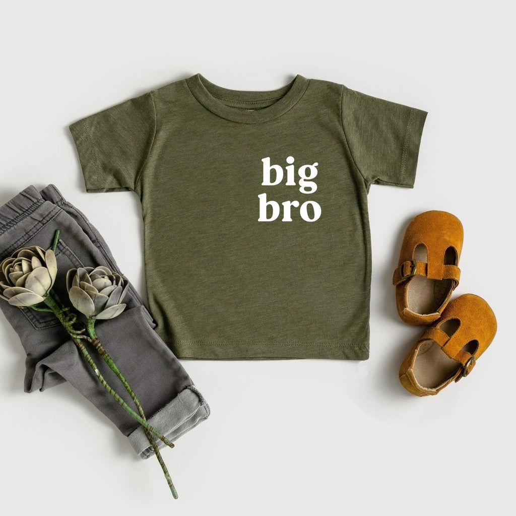 Dark olive baby and toddler t-shirt with 'big bro' front print