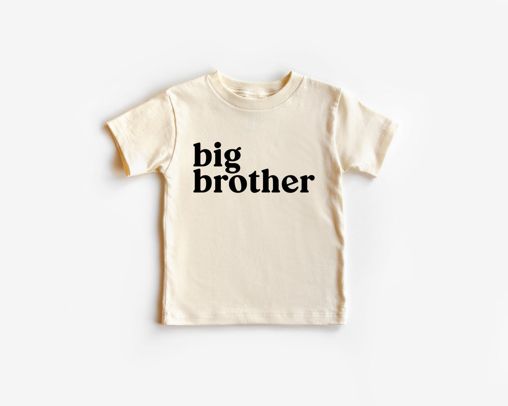 Cream baby kids organic cotton tee with 'big brother' front graphic, crew neck
