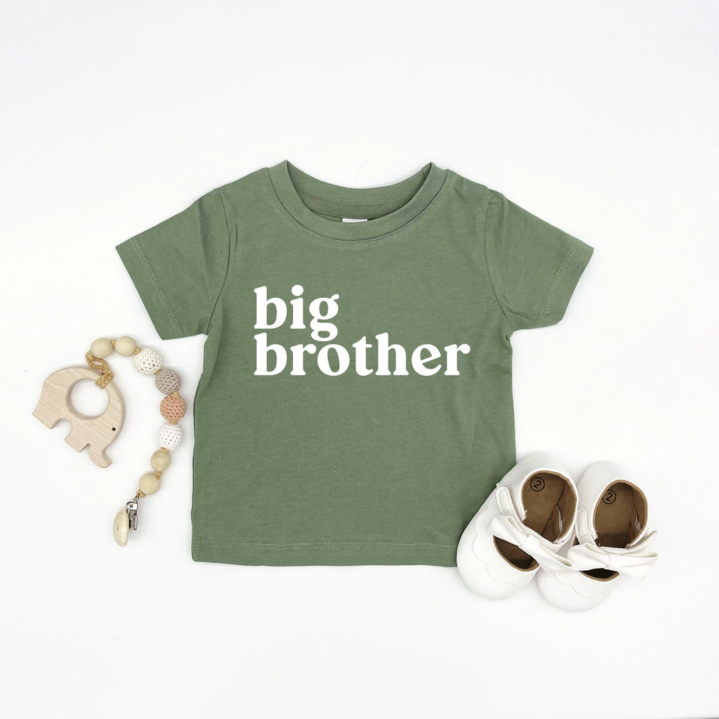 Green baby kids organic cotton tee with 'big brother' front graphic, crew neck