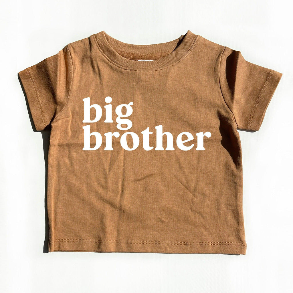 Brown baby kids organic cotton tee with 'big brother' front graphic, crew neck