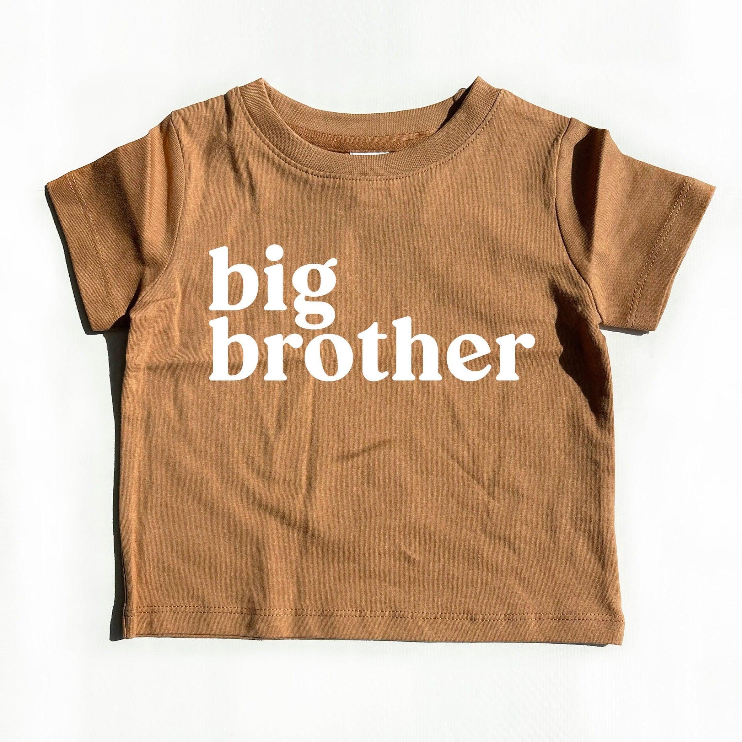 Brown baby kids organic cotton tee with 'big brother' front graphic, crew neck
