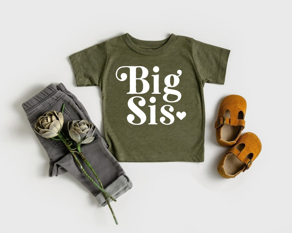 Olive green toddler T-shirt with Big Sis heart retro graphic and crew neck
