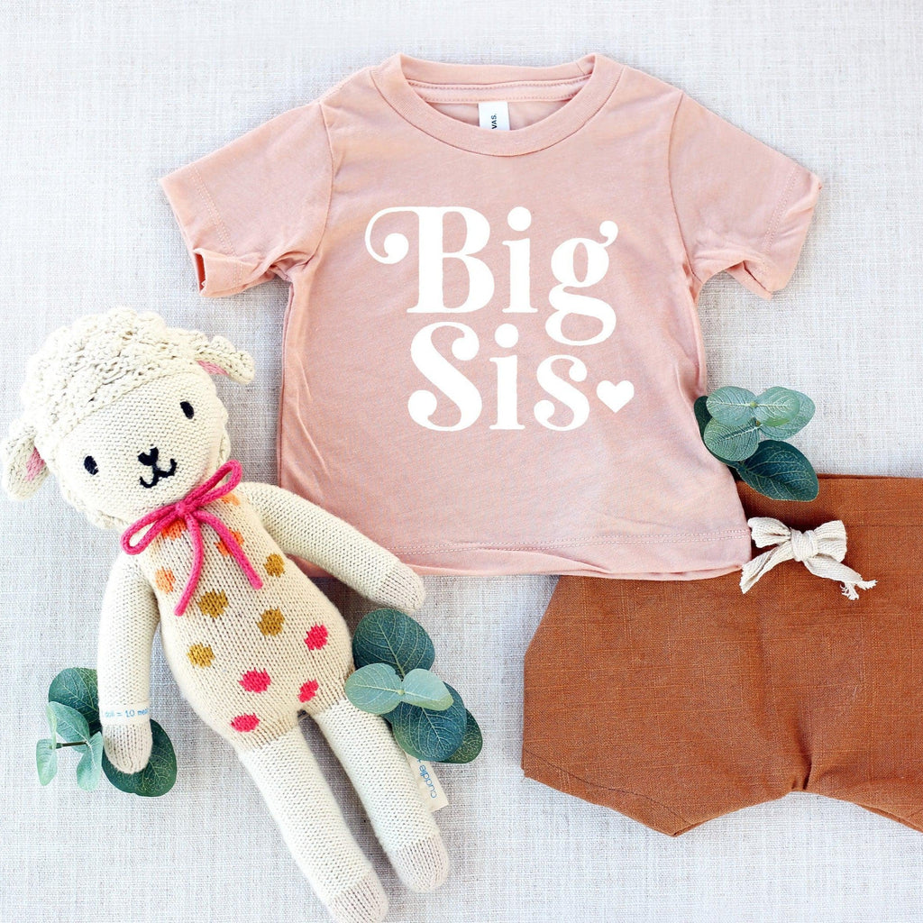 Pink toddler T-shirt with Big Sis heart retro graphic and crew neck