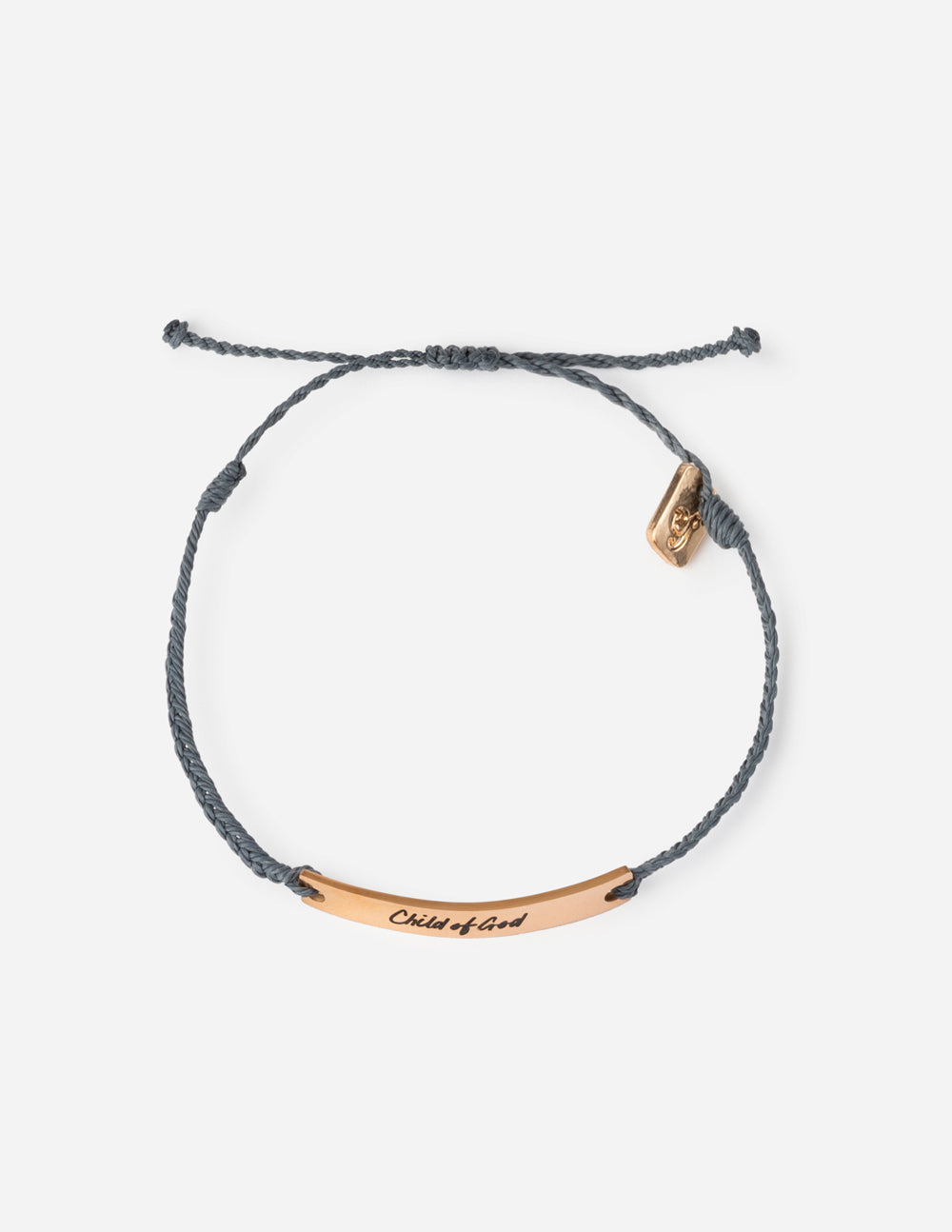 Dark braided cord bracelet with gold square charm and engraved bar tag