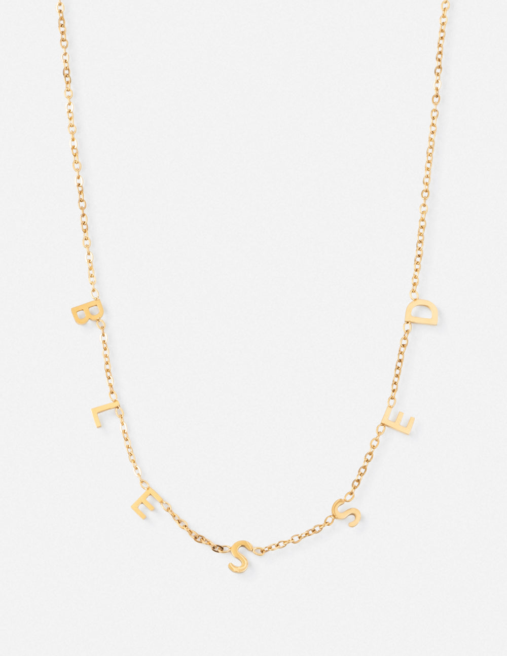 Gold-tone dainty necklace with letter charms on an open-link chain