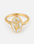 Gold enamel oval floral ring with small diamond accents on the band