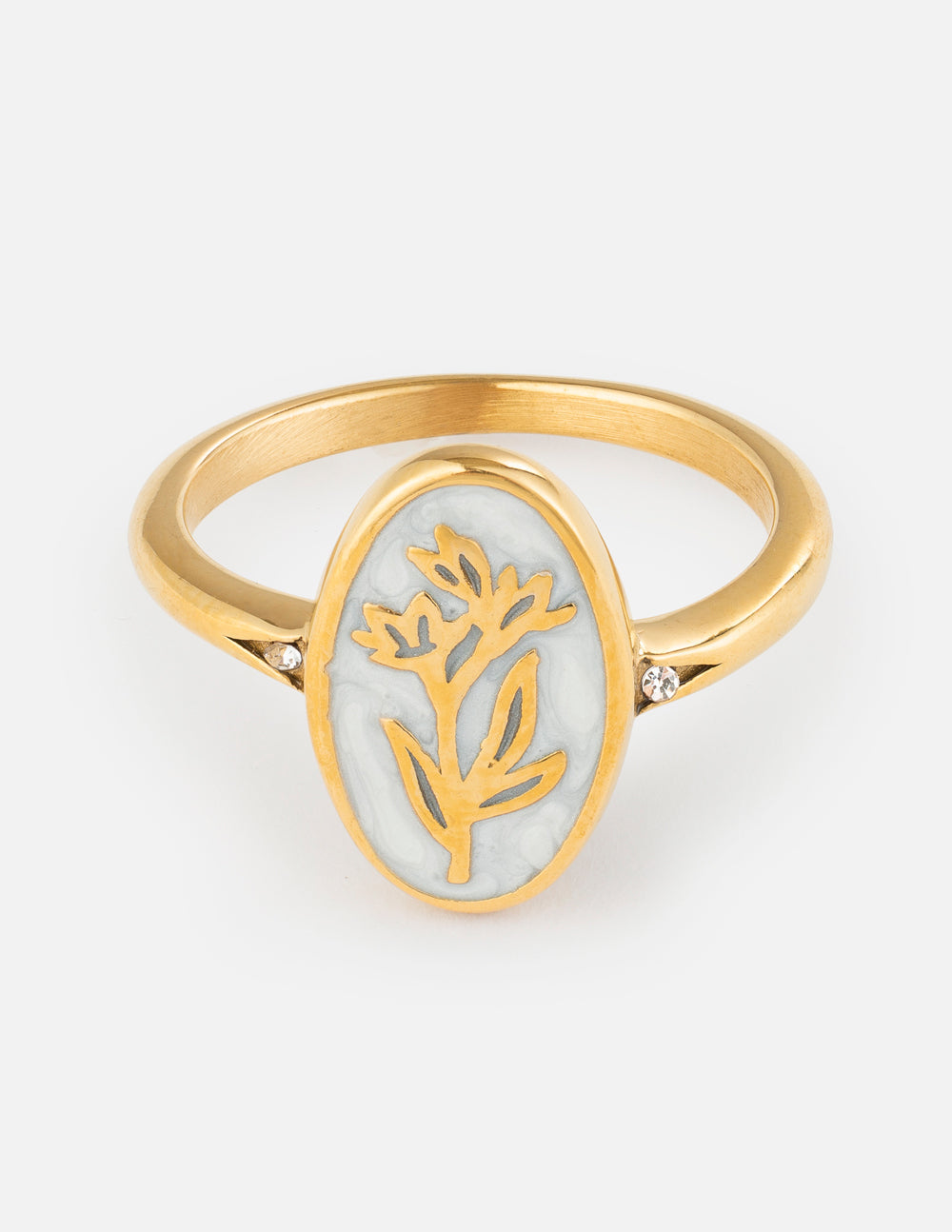 Gold enamel oval floral ring with small diamond accents on the band