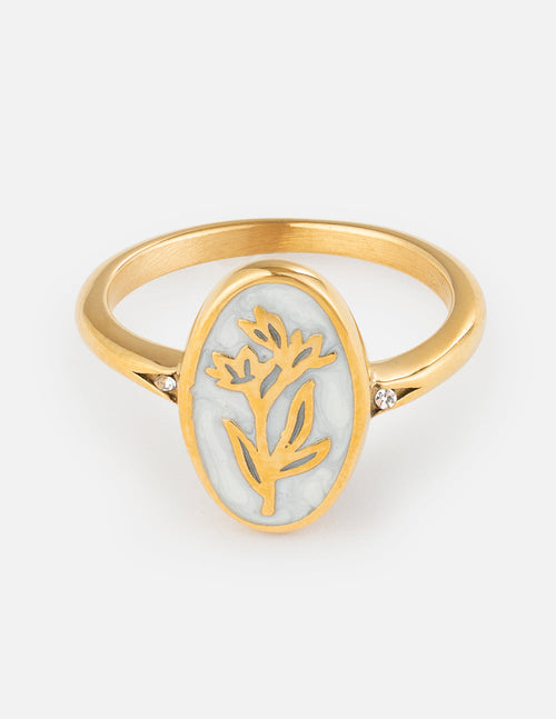Gold enamel oval floral ring with small diamond accents on the band