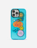 Blue sticker collage phone case with smiley and starburst icons on turquoise backing