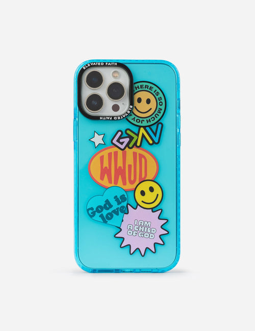 Blue sticker collage phone case with smiley and starburst icons on turquoise backing