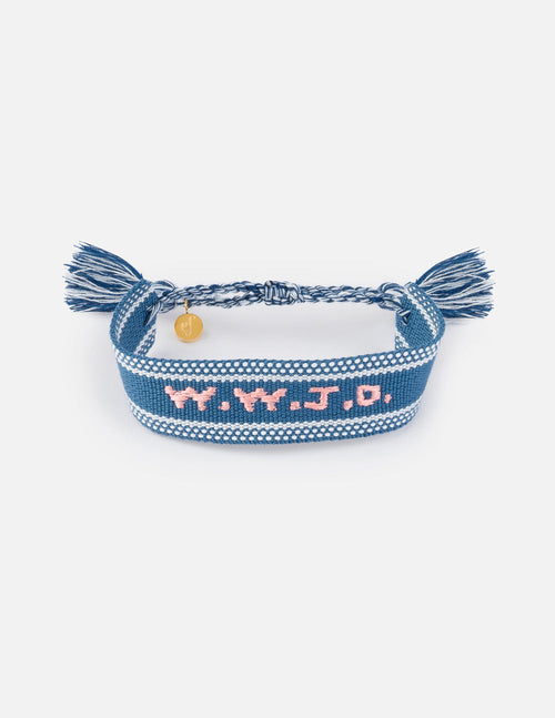 Blue woven bracelet with embroidered pattern and short tassels, adjustable band