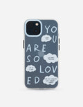 Frosted blue phone case with centered white word art and dual camera cutouts